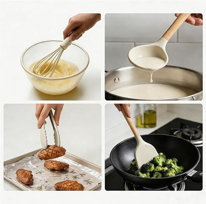 Silicone Cooking Utensil Set,12 PCS Cooking Kitchen Utensils Set, Nonstick Kitchen Utensils 446°F Heat-Resistant Cookware Kitchen Tools of Spoon,Brush,Whisk,Spatula,Turner Tongs (Khaki) - Image 7