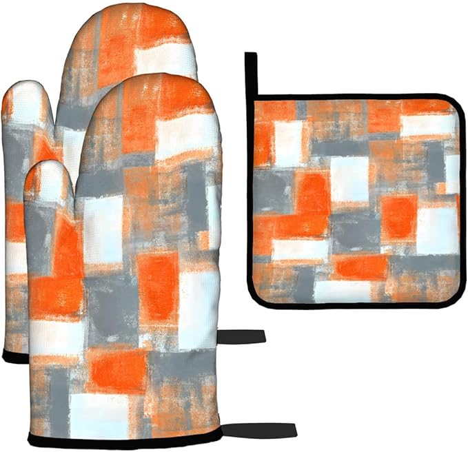 LOKMU Oven Mitts and Pot Holders Set of 3, Orange and Grey White Abstract Art Heat Resistant Kitchen Gloves Hot Pads for Cooking Baking BBQ, Kitchen Decor Gifts for Cooking Lover Cooks