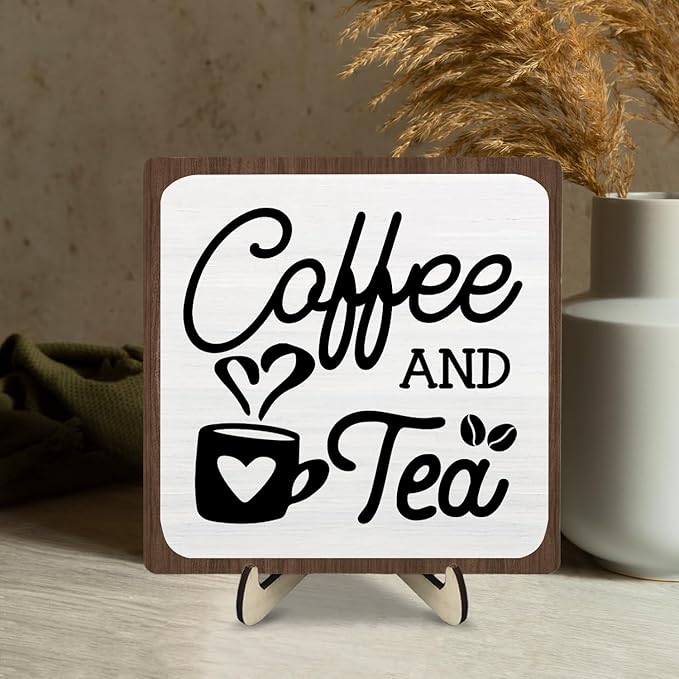 Coffee Bar Sign Plaque, Coffee Signs for Coffee Station, Vintage Coffee Sign Decor for Kitchen, Coffee Bar Accessories, Coffee Themed Gifts, Farmhouse Cafe Sign,Coffee & Tea Bar Decor Signs (White&Brown, 5.9x5.9inches) - Image 5