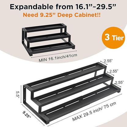 3-Tier Spice Rack Organizer for Kitchen Cabinet or Pantry, 16"-29" Expandable Spice Organization Shelf, Seasoning Organizer, Metal Display Shelf, Slip-Resistant Design for Jars and Bottles, Black - Image 2