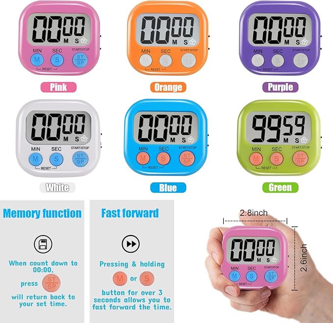 6 Pack Multi-Function Electronic Timer - Magnetic Digital Timers Big LCD Display The Loud/Silent Switch Countdown Timer Extensively Use in Break Time, Cooking,Gym, Meeting, Classroom - Image 7