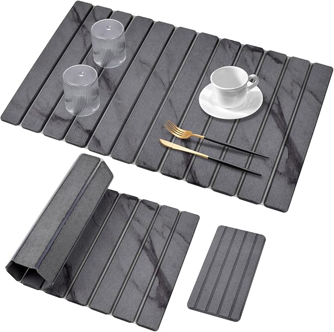2 PCS Extra Large Stone Dish Drying Mat for Kitchen Counter, 28"×16" Marble Dish Drying Mat with 8"x 4" Coasters, Non - Slip Collapsible Absorbent Stone Dish Drying Mat for Multi - Purpose by Unknown