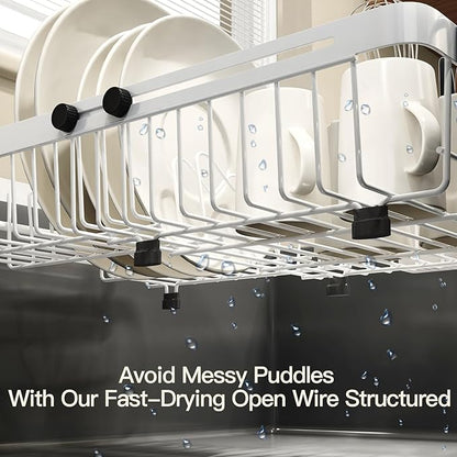 MAJALiS Dish Drying Rack Over The Sink, Expandable Stainless Steel Dish Drainer for Small Kitchen Counter Space Saving, RV Compact Plate Strainer in White Metal with Hanging Adjustable Utensil Holder - Image 3