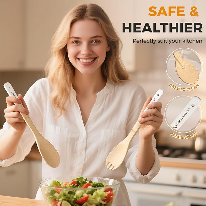 Wooden Spoons for Cooking Bamboo Utensils Set (6 Pieces) - Essential Tools Wooden Spatula & Spoons for Everyday Stirring, Mixing, Flipping & Serving, Gentle on Nonstick Cookware, White - Image 6