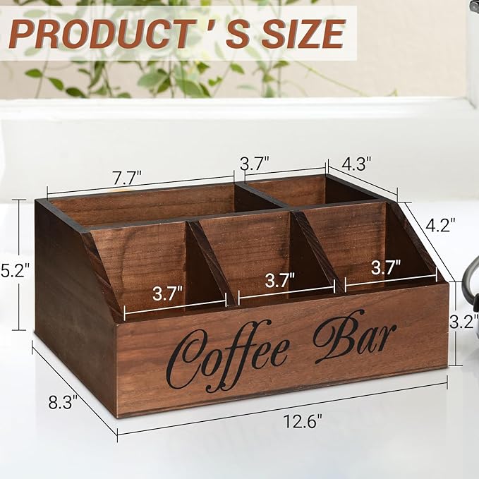 ugiftt Coffee Station Organizer for Counter, Wood Coffee Pods Holder Storage Basket, Tea Condiment Storage Organizer, Rustic Coffe Bar Decor for Accessories - Image 4