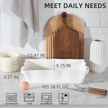 Sweejar Casserole Dishes for Oven, Ceramic 9x13 Baking Dish, Wave Edge Bakeware with Handles, Large Rectangular Lasagna Pan Deep for Roasting, Baking, Cooking, Banquet and Daily Use (White) - Image 2