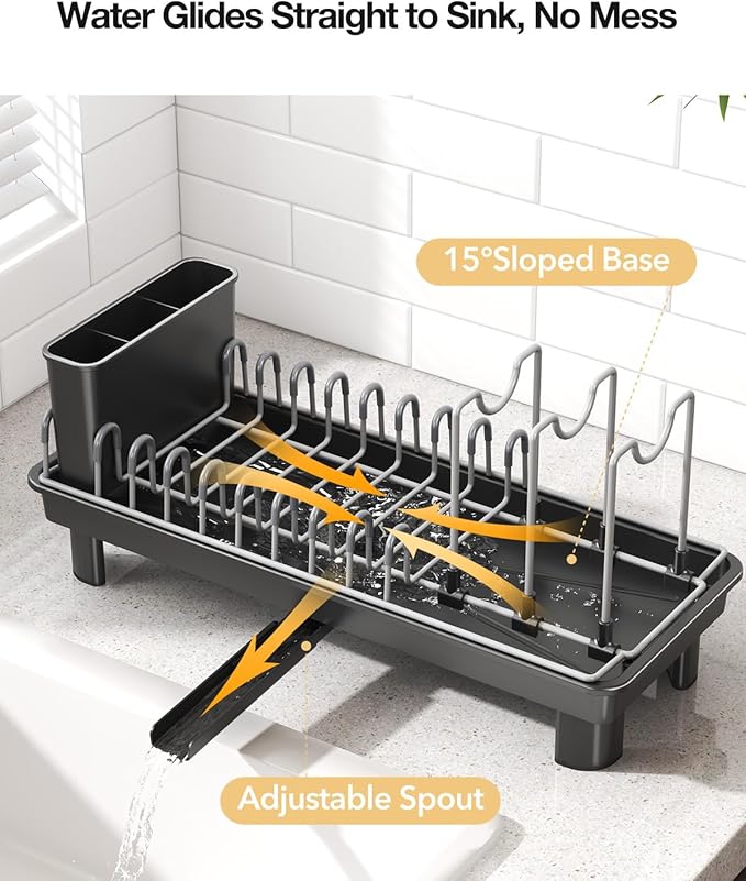 Small Dish Drying Rack Carbon Steel Dish Rack Rustproof for Kitchen Counter Compact Dish Drainer with Adjustable Slots for Small Kitchens & Apartments 16.5×6.5×7inch Black - Image 4