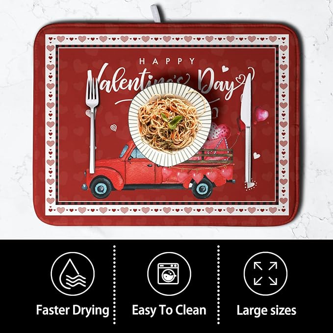 Happy Valentine's Day Dish Drying Mat for Kitchen Red Love Heart Truck Plaid Drying Mats Super Absorbent Dishes Drainer Pad Reversible Microfiber Dish Drying Rack Mat for Kitchen Counter 18x24 Inch - Image 4