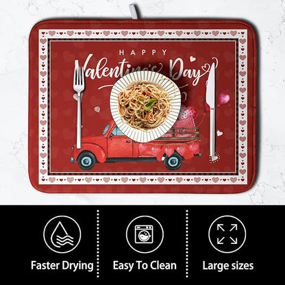 Happy Valentine's Day Dish Drying Mat for Kitchen Red Love Heart Truck Plaid Drying Mats Super Absorbent Dishes Drainer Pad Reversible Microfiber Dish Drying Rack Mat for Kitchen Counter 18x24 Inch - Image 4