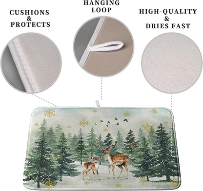 Reindeer Tree Snowflakes Christmas Dish Drying Mats for Kitchen Counter 18x24 Inch Winter Forest Dish Drainer Mats Absorbent Reversible Dish Draining Microfiber Dishes Drying Pad - Image 3