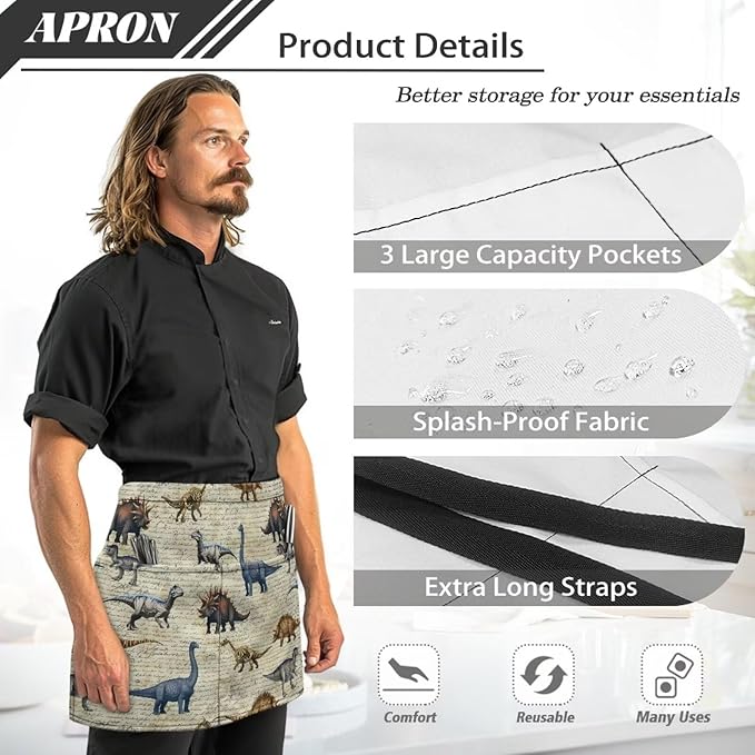 Server Apron with 3 Pockets, Waterproof Oil Waitress Waiter Half Apron for Restaurant Hotel Kitchen Cafe
