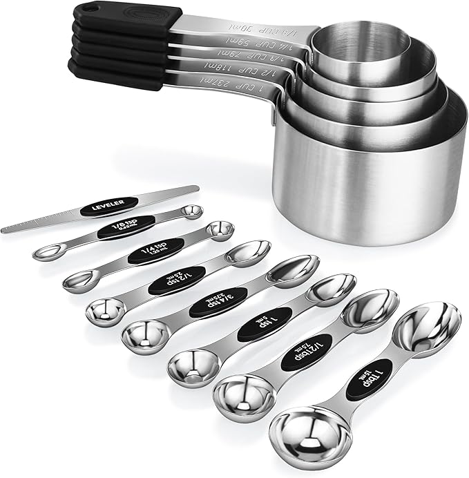 Magnetic Measuring cups and spoons Set, 5 Stainless Steel Magnetic Measuring Cup and 8 Double Sided Measuring Spoons with 1 Leveler，Kitchen Gadgets for Cooking & Baking by JIEJIE