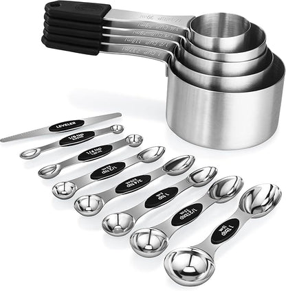 Magnetic Measuring cups and spoons Set, 5 Stainless Steel Magnetic Measuring Cup and 8 Double Sided Measuring Spoons with 1 Leveler，Kitchen Gadgets for Cooking & Baking by JIEJIE