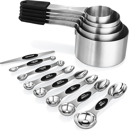 Magnetic Measuring cups and spoons Set, 5 Stainless Steel Magnetic Measuring Cup and 8 Double Sided Measuring Spoons with 1 Leveler，Kitchen Gadgets for Cooking & Baking by JIEJIE