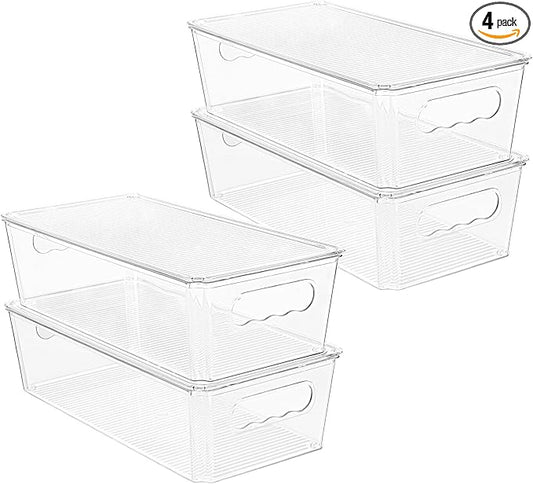 Vtopmart 4pcs Clear Organizers and Storage Bins with Lids, Stackable Plastic Storage Containers with Handles for Fridge, Freezer, Pantry, Cabinet, Kitchen Organization by Vtopmart