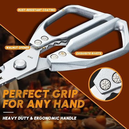 HUUSK Kitchen Scissors and Vegetable Peeler Set - Silver Stainless Steel Cooking Kitchen Shears for Food with Serrated Peeler, Heavy Duty Japanese Dishwasher Safe Meat Scissors, Gift for Men - Image 4