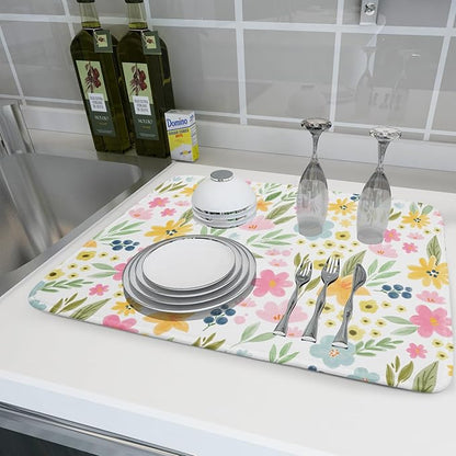 Spring Dish Drying Mat for Kitchen Counter Cute Floral Summer Holiday Microfiber Absorbent Dish Draining Reusable Washable Foldable Extra Large 18"x24" - Image 6
