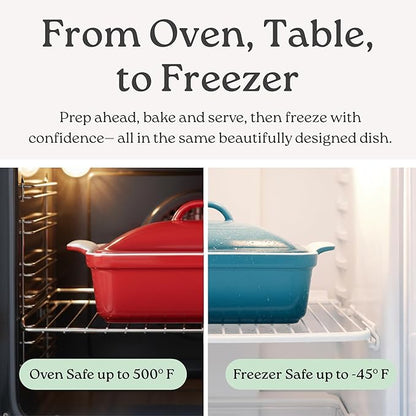 ROSSALLINI Stoneware Casserole Dish Bakeware with Lid | Covered Square Dinnerware | Large 2.5Quart, [Reactive Blue]