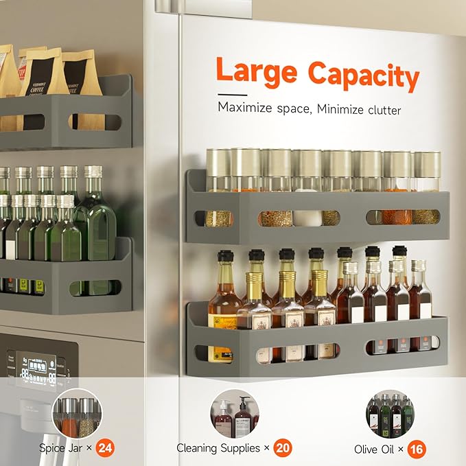 Sevenblue 4 Pack Strong Magnetic Spice Rack for Refrigerator, Multipurpose Magnetic Shelf for Fridge with 4 Hooks for kitchen and Bathroom Organization, Grey - Image 4