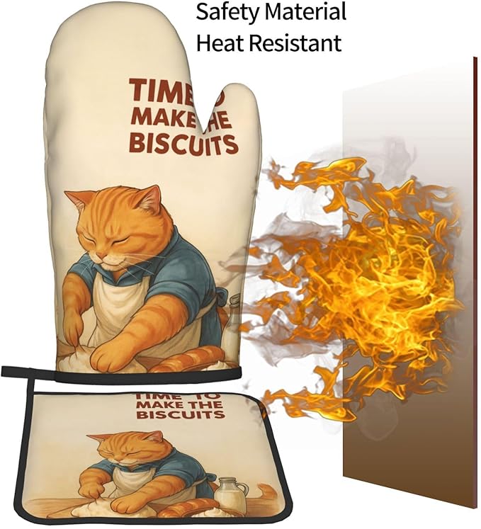 Cute Cat Oven Mitts and Pot Holder Set, Funny Heat Resistant Kitchen Gloves Hot Pad, Cooking Baking Lovers Spring Easter Gifts for Women, Whimsical Kitchen Decor & Gifts for Chef Cooks Cat Lovers Mom - Image 7