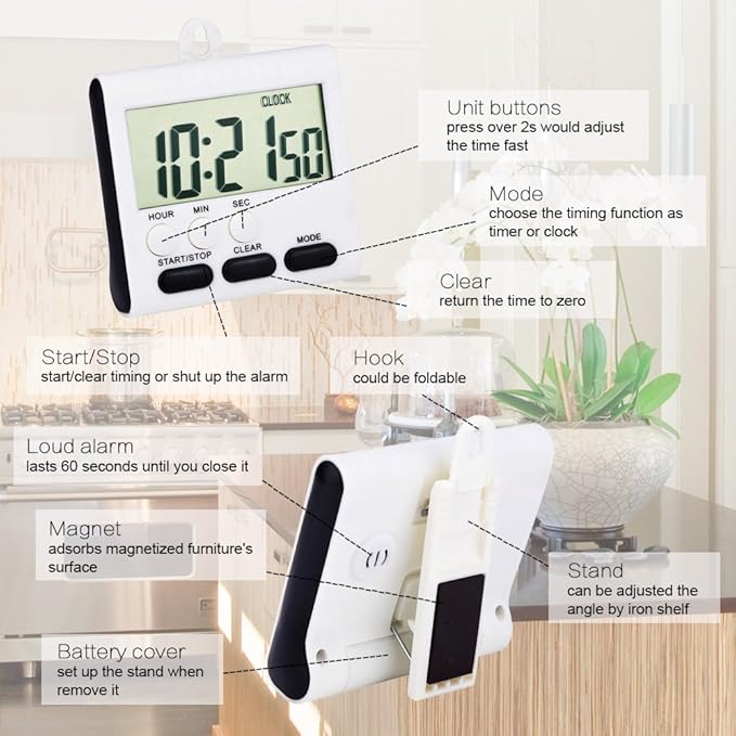 Mudder 3 Pack Digital Kitchen Timer for Cooking, Big Digits, 24 Hour Magnetic Backing Stand Kitchen Timers Clock for Classroom Kids Teachers, Loud Alarm and Big Screen (Black and White) - Image 2