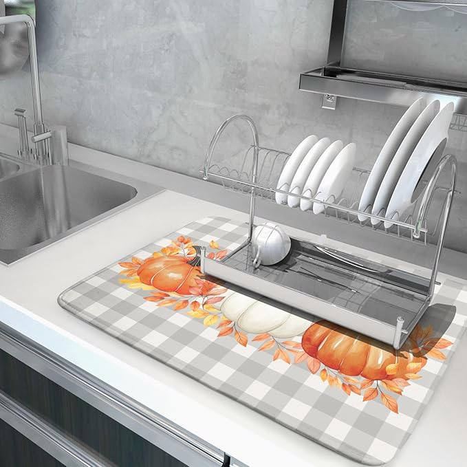 Fall Dish Drying Mat for Kitchen Counter Autumn Orange White Pumpkins Festival Microfiber Absorbent Dish Draining Reusable Washable Foldable Extra Large 18"x24" - Image 5