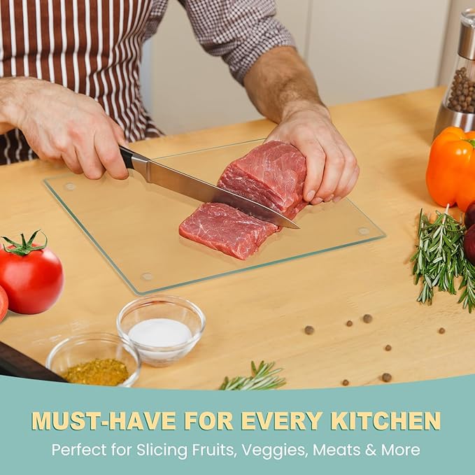 VASUHOME Tempered Glass Cutting Board for Kitchen (8x12"), Long Lasting Clear Glass Cutting Board for Countertop - Scratch, Heat, and Shatter Resistant - Easy to Clean