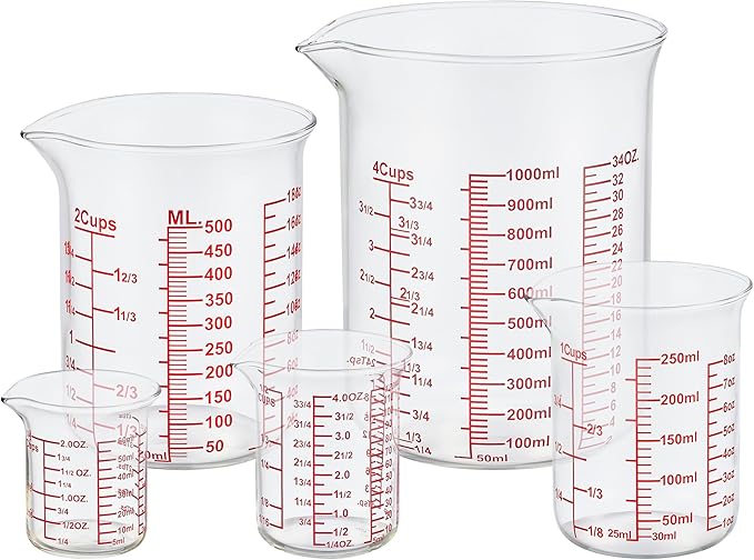 Ackers High Borosilicate Glass Measuring Cup Set with Pour Spout,60ml(2OZ),120ml(4OZ), 250ml(8OZ), 500ml(16OZ), 1000ml(32OZ) Glass Measuring Beaker for Kitchen or Restaurant, Easy to Read by AckersBORO33