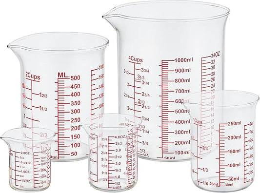 Ackers High Borosilicate Glass Measuring Cup Set with Pour Spout,60ml(2OZ),120ml(4OZ), 250ml(8OZ), 500ml(16OZ), 1000ml(32OZ) Glass Measuring Beaker for Kitchen or Restaurant, Easy to Read by AckersBORO33