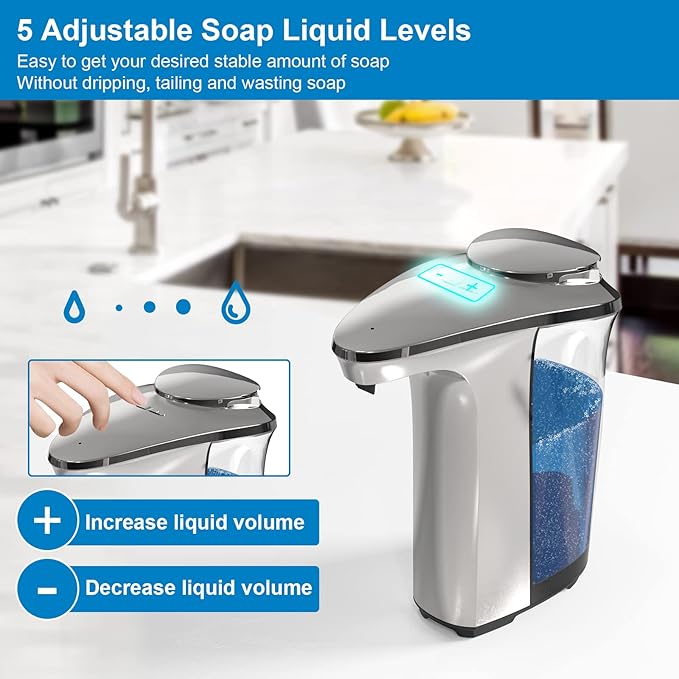 PZOTRUF Automatic Soap Dispenser, Touchless Dish Soap Dispenser 17oz/500ml with Infrared Sensor, 5 Adjustable Soap Dispensing Levels, Liquid Hand Dispenser for Bathroom Kitchen Sink (Silver) - Image 4