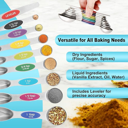 Magnetic Measuring Spoons Set of 9 with Leveler, Color-Coded Dual Sided Stainless Steel Measuring Spoon Set, Stackable Teaspoon and Tablespoon Set for Baking, Cooking, Kitchen Gadgets Dishwasher Safe - Image 4