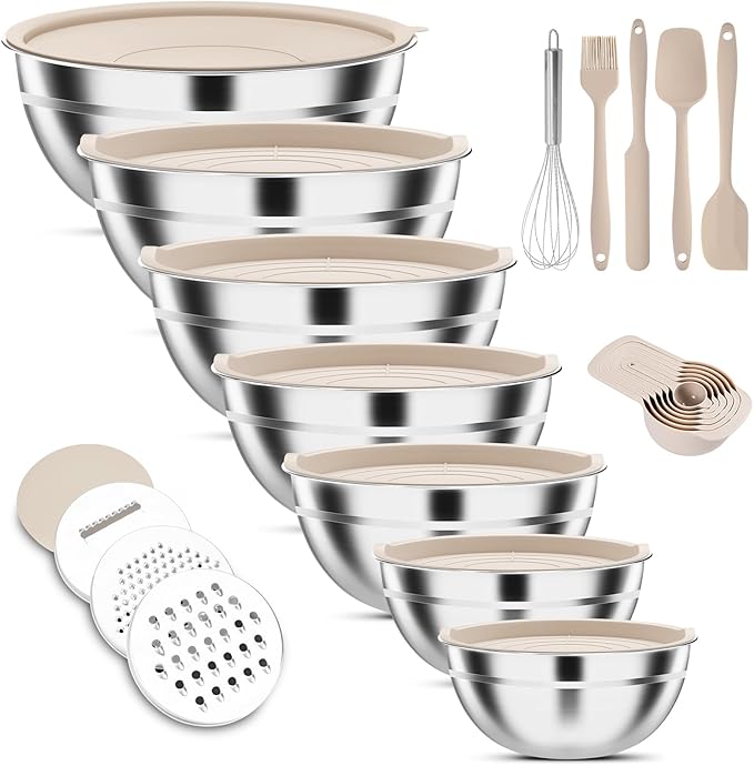ENVTEK 7-Piece Stainless Steel Mixing Bowls Set with Lids & 3 Grater Attachments – Size 4.5, 4, 3.5, 2.1, 1.5, 1.1, 0.7QT, Kitchen Gadgets Set for Cooking, Baking, and Serving, Khaki by ENVTEK