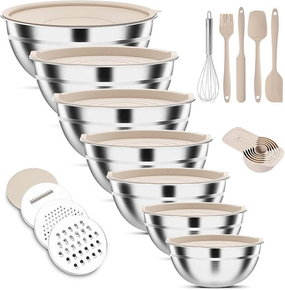 ENVTEK 7-Piece Stainless Steel Mixing Bowls Set with Lids & 3 Grater Attachments – Size 4.5, 4, 3.5, 2.1, 1.5, 1.1, 0.7QT, Kitchen Gadgets Set for Cooking, Baking, and Serving, Khaki by ENVTEK