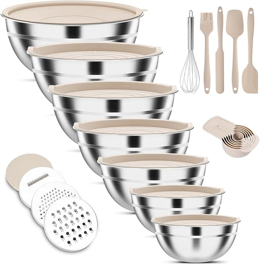 ENVTEK 7-Piece Stainless Steel Mixing Bowls Set with Lids & 3 Grater Attachments – Size 4.5, 4, 3.5, 2.1, 1.5, 1.1, 0.7QT, Kitchen Gadgets Set for Cooking, Baking, and Serving, Khaki by ENVTEK