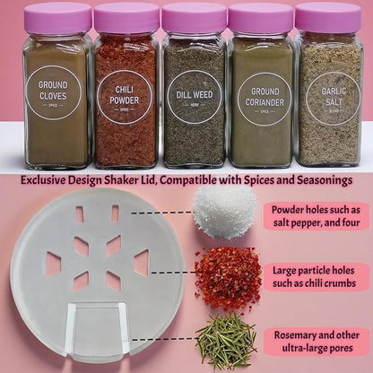 Pink Spice Jars with Labels - 24 Glass Spice with Shaker Lids & Airtight Plastic Caps - 4oz Complete Seasoning Containers Organizer Set for Cabinet, Drawer & Rack (Deeppink) - Image 7
