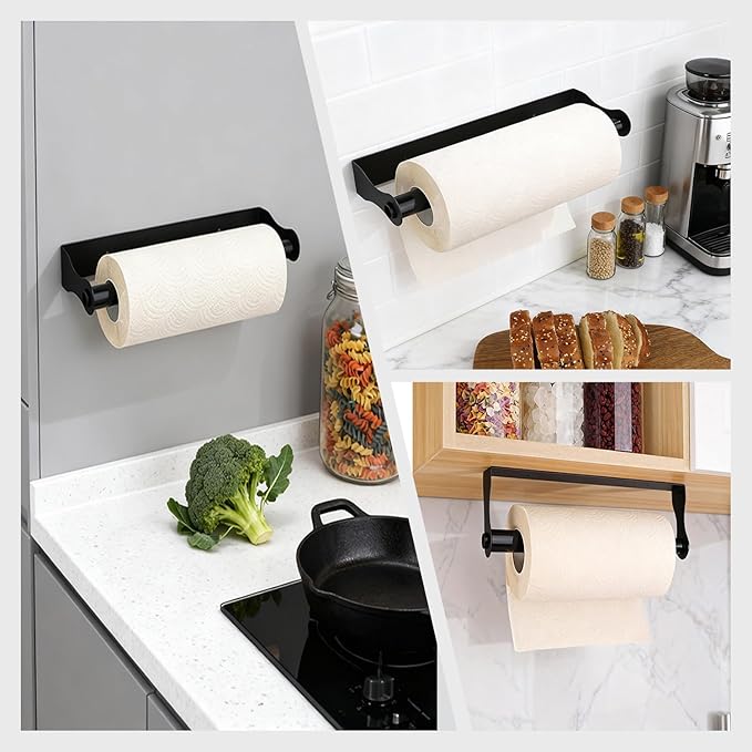 Paper Towel Holder Under Cabinet,Black Stainless Steel Under Counter Wall Mount,Paper Towel Holder,Waterproof and Rustproof Self-Adhesive Kitchen Roll Rack for Kitchen/Living Room/Bathroom