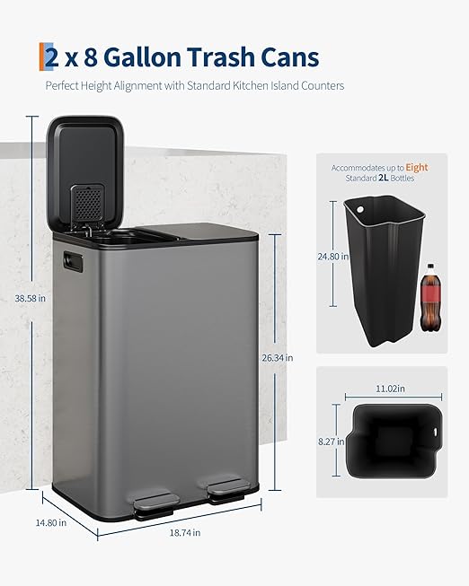 Garvee Double Trash Can, 2 x 8 gal (2 x 30 L) Garbage Can for Kitchen Dual Compartment Recycling Kitchen Step Trash Bin, Stainless Steel Trash and Recycle Bin Combo with Soft-Close Lid,Matte Grey - Image 6