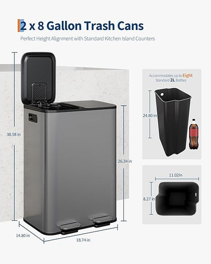 Garvee Double Trash Can, 2 x 8 gal (2 x 30 L) Garbage Can for Kitchen Dual Compartment Recycling Kitchen Step Trash Bin, Stainless Steel Trash and Recycle Bin Combo with Soft-Close Lid,Matte Grey - Image 6