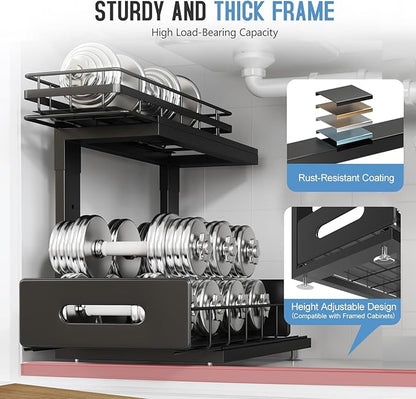Under Sink Organizer Upgrade To Professional Rails,2-Tier Dual Pull Out Cabinet Storage,Height Adjustable Slide Out Drawers For Bathroom Kitchen,2 Pack-14.5"Dx12.8"-16.9"H,Black - Image 3