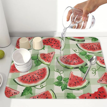 Summer Dish Drying Mat for Kitchen Counter Watercolor Watermelon Green Buffalo Plaid Microfiber Dish Drainer Mat Rustic Absorbent Washable Drying Pad 16"x18"