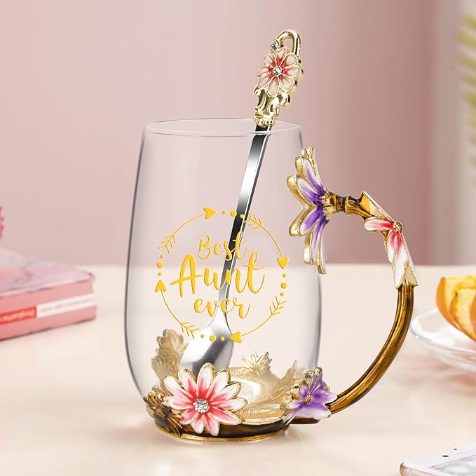 OEAGO Gifts for Aunt from Niece Nephew Tea Cup Cool Birthday Gift Enamel Flower Glass Mugs Christmas Mothers Day New Aunt Announcement Promoted - Image 7