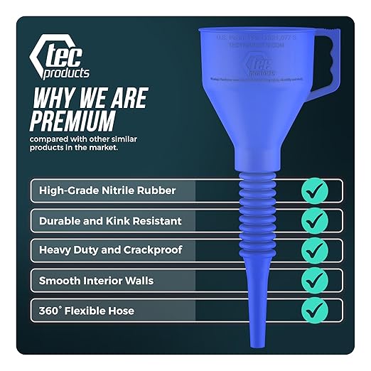 TEC Products FlexAll Long Flexible Funnels - Automotive Oil Funnel with Hose, Durable Nitrile Rubber for Oil Change, Transmission Funnel Fluid, Diesel, Fuel, Gas - Made in USA - Blue (12 x 4 Inches) - Image 3