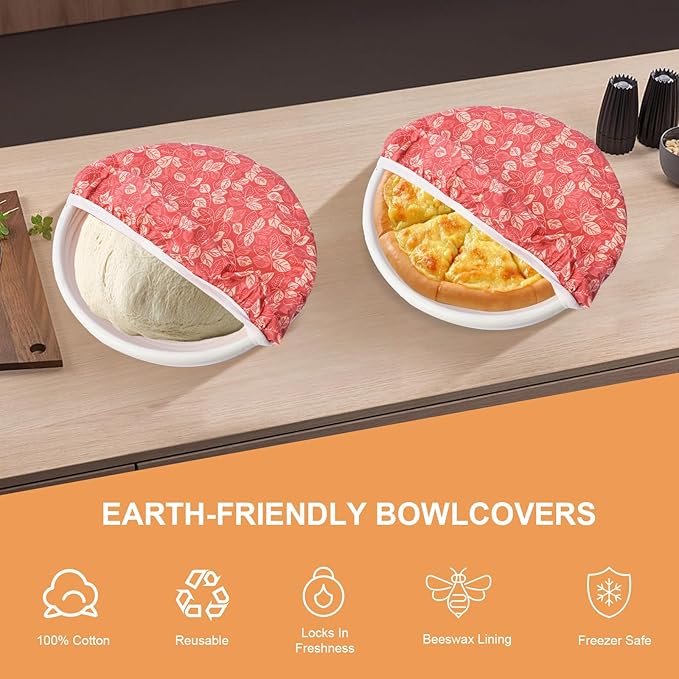 2Pcs Reusable Bowl Covers for Bread Proofing - Cotton Beeswax Bowl Covers Reusable with Elastic Rim, Eco-Friendly Sourdough Bowl Cover for Food Storage (10INCH) (Red & Black Leaves)
