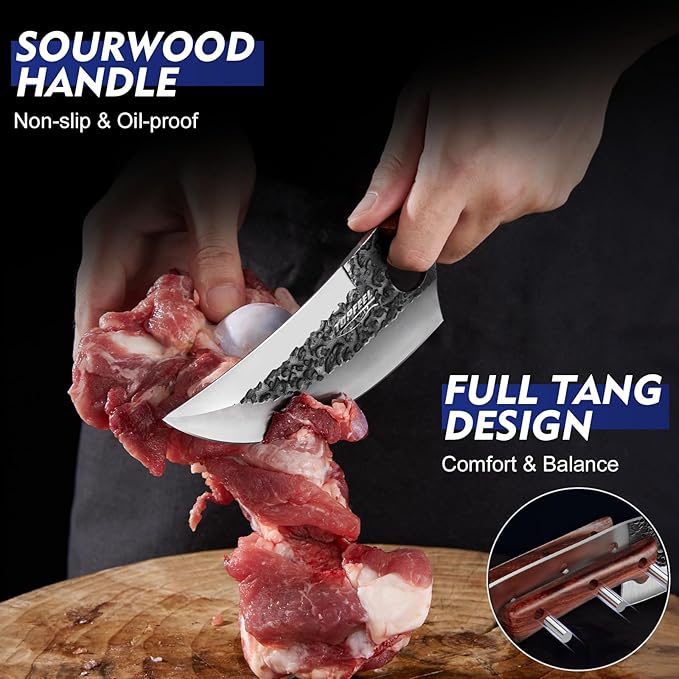 Topfeel 3PCS Butcher Knife Set, Hand Forged Serbian Chef Knives & Meat Cleaver & Viking Knives, Meat Cutting Kitchen Knife Set for Home, Outdoor Cooking, Camping BBQ Gift Idea Men - Image 4