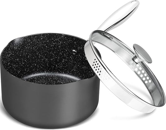 MICHELANGELO 3 Quart Saucepan with Lid, Hard Anodized Nonstick Sauce Pan with Strainer Lid & Pour Spouts for Easy Pour, Granite Derived Coating Sauce Pan for Cooking, Small Pot - 3 Qt Saucepan by Michelangelo
