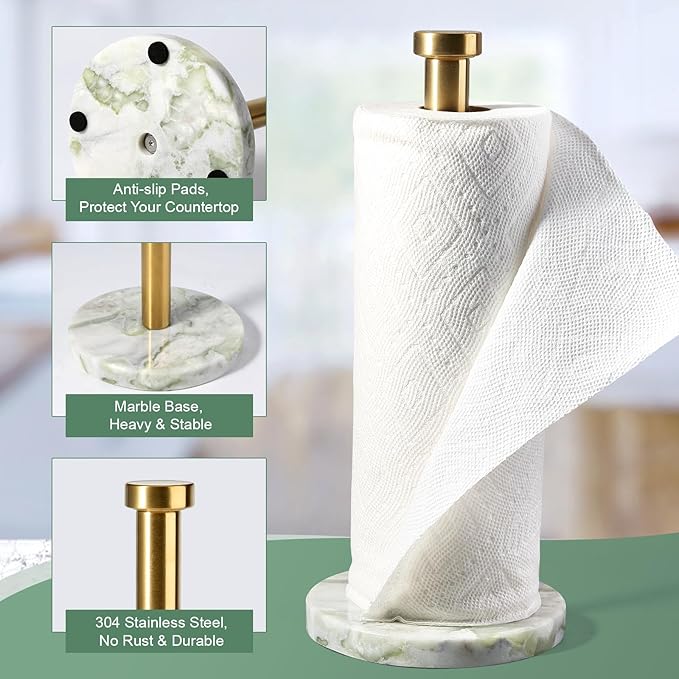 Koville Genuine Marble Paper Towel Holder Countertop, 6" Stone Base Gold Rod Paper Towel Holder Stand for Kitchen Storage, for Standard or Jumbo-Sized Rolls - Image 6