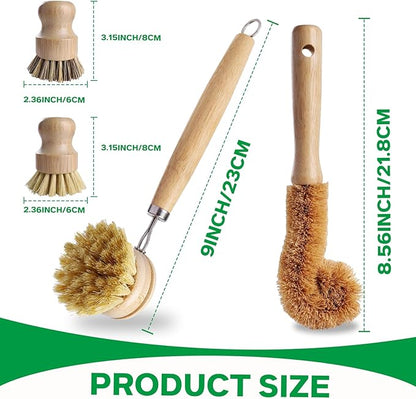Bamboo Dish Brush Set - 5 Packs Natural Wooden Kitchen Brush, 4 Dish Scrubbers with One Replacement Head, Cleaning for Pots, Bottles and Vegetables - Image 2
