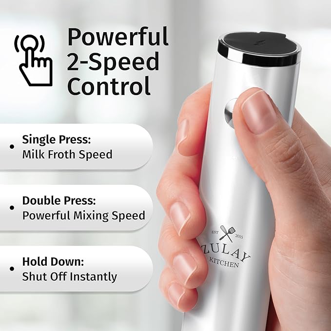 Zulay Kitchen Rechargeable Milk Frother Handheld Lux - Powerful 2-Speed Motor, Waterproof, 2000mAh Battery - Drink Mixer for Latte, Cappuccino, Matcha & Protein Powder - Snow White - Image 4