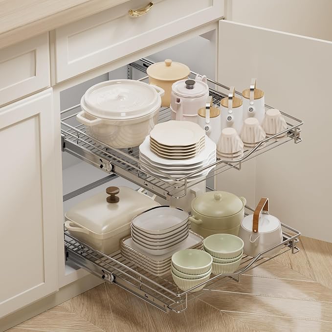 DINDON Pull Out Cabinet Organizer (22-1/2" W x 21-1/2"D), Cabinet Pull Out Shelves, 2 Tier Pull Out Drawers for Kitchen Cabinets, Wire Basket Slide Out Shelf, Pot and Pan Organizer - Image 4