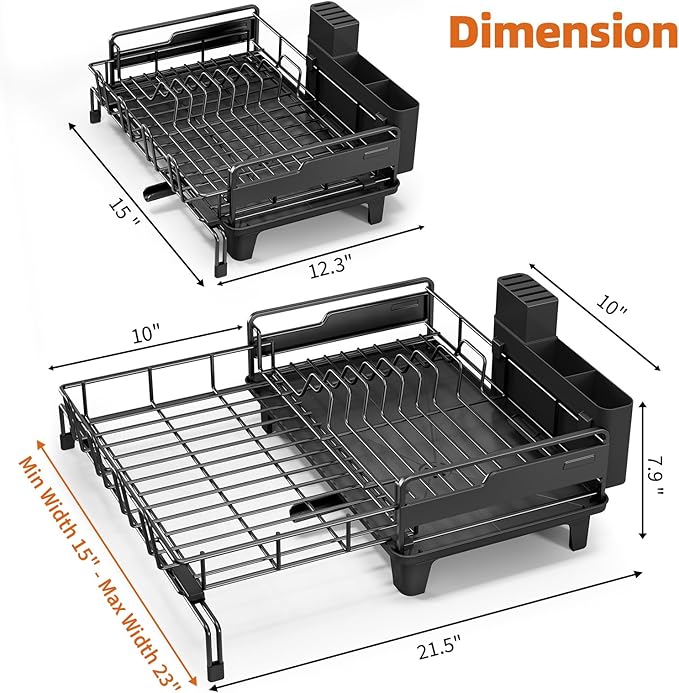 Urackify Dish Drying Rack - Extendable Dish Drainer, Large Dish Rack for Kitchen Counter, Rustproof Dish Strainer with Utensil Holder and Cups Holder, 1 Tier Black - Image 8